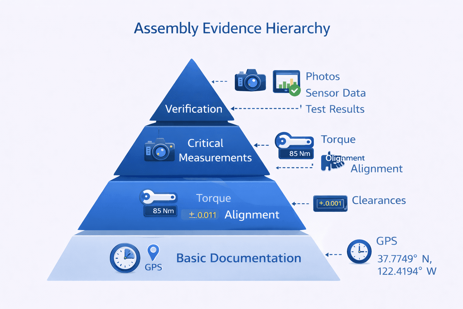 Pyramid diagram showing hierarchy of assembly evidence from sensor data to visual inspection