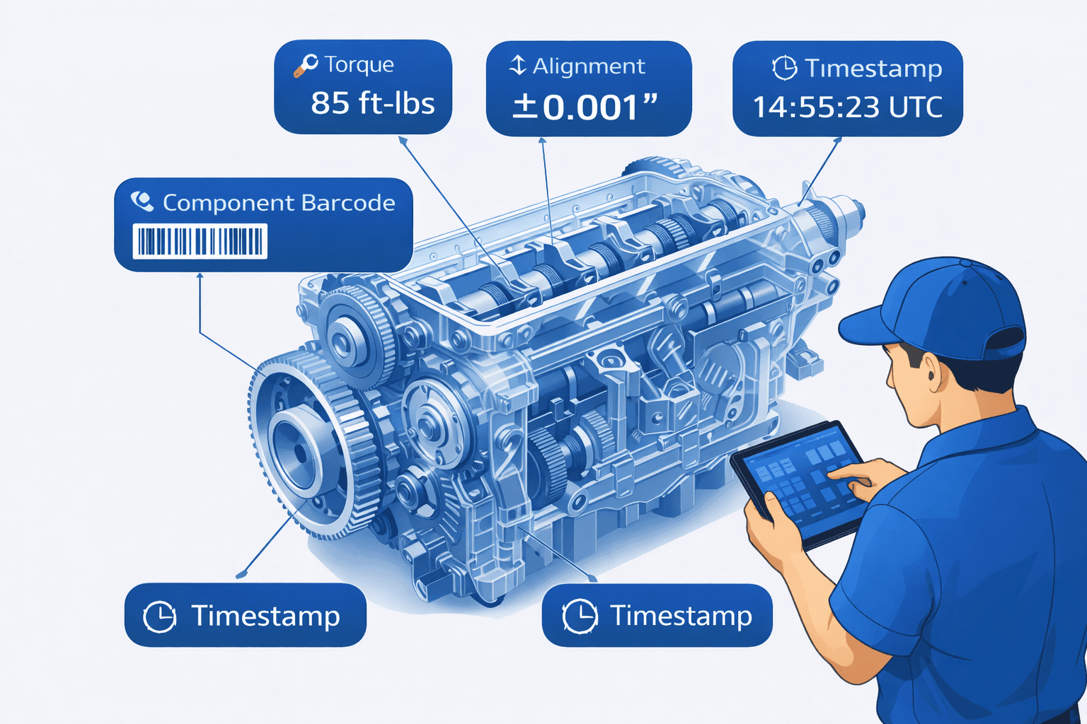 Technical illustration of complex mechanical assembly with protocol-driven documentation