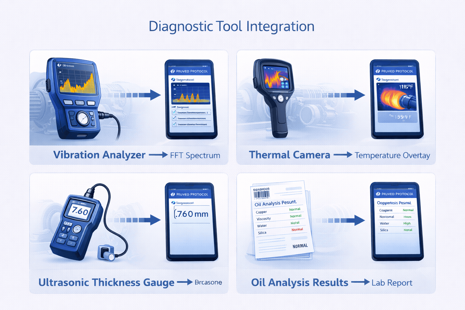 Four-panel infographic showing diagnostic tool integration methods
