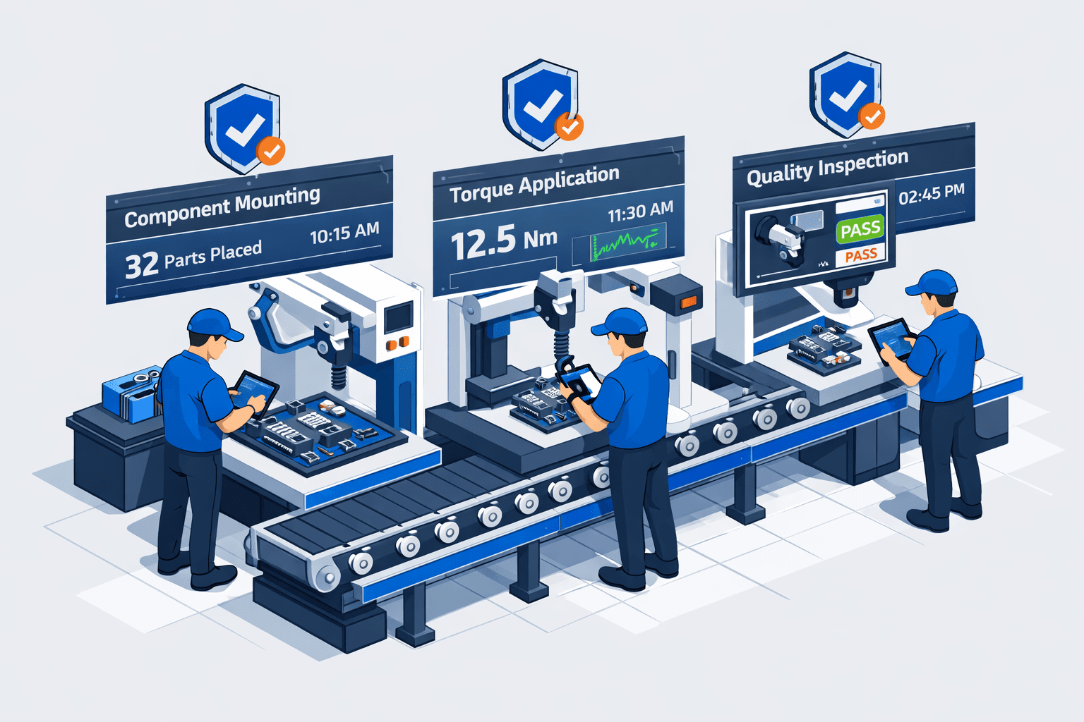 Isometric illustration of modern production line with workers using tablets for protocol-driven verification, showing real-time data capture including torque readings, timestamps, and cryptographic seals at multiple workstations