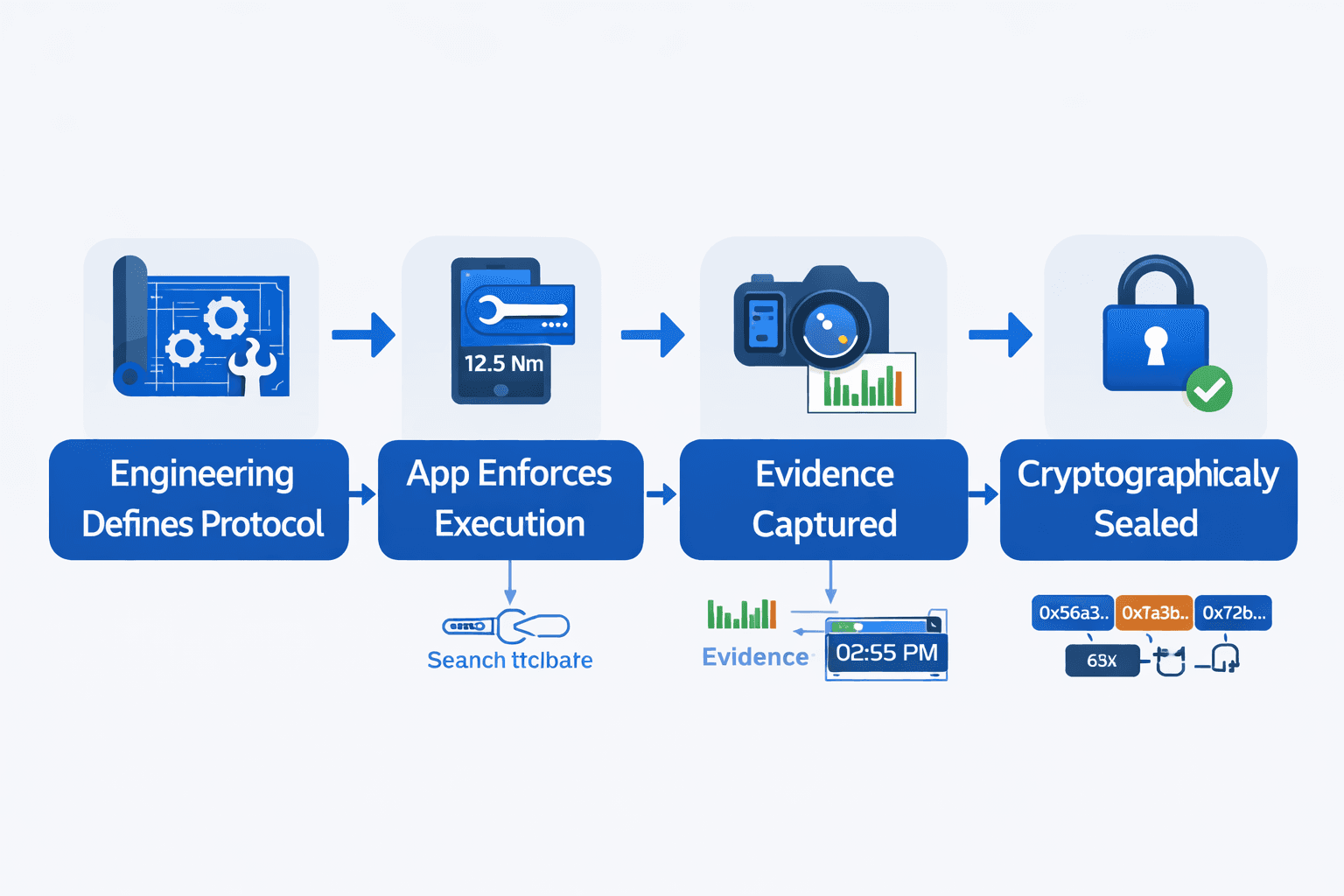 Flowchart showing four-step production protocol: Engineering Defines Protocol with blueprint icon, App Enforces Execution with mobile device, Evidence Captured with camera and sensors, Cryptographically Sealed with lock and hash chain