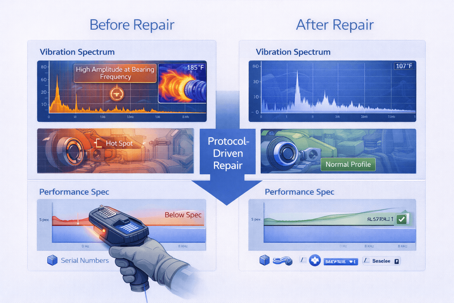 Dual comparison chart showing before and after repair validation metrics