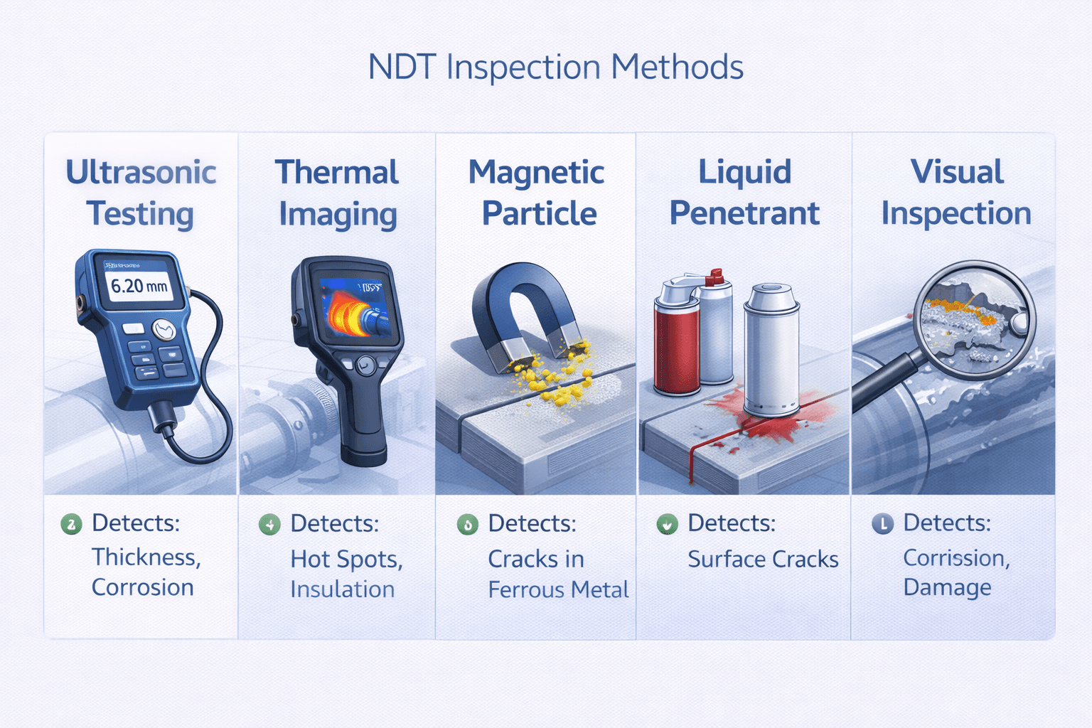 Five-panel infographic showcasing different NDT inspection method types