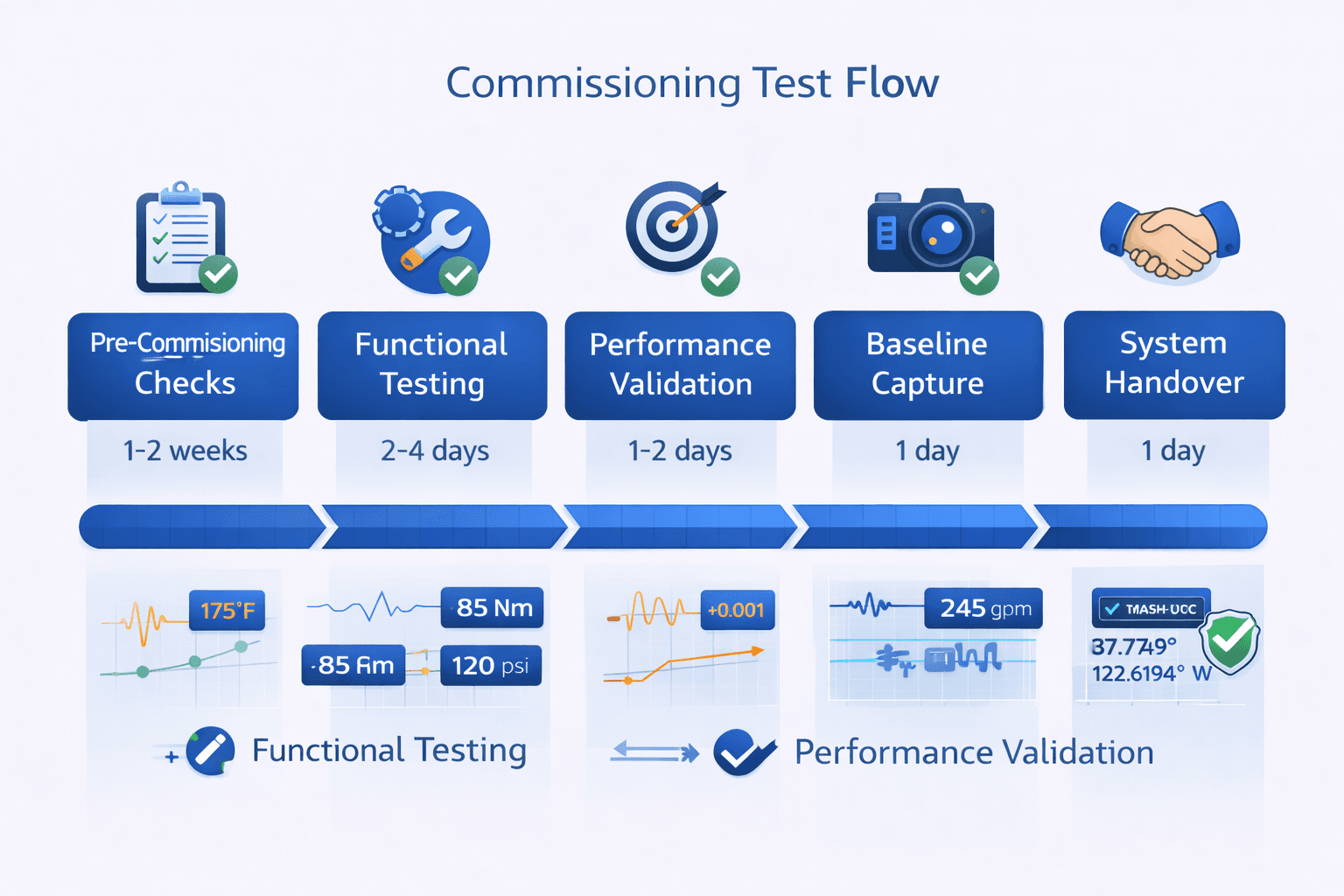 Horizontal timeline diagram showing commissioning test workflow stages